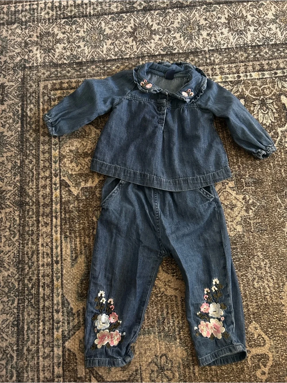 Girls Dark Blue Denim Top & Floral Embroidered Pants Set